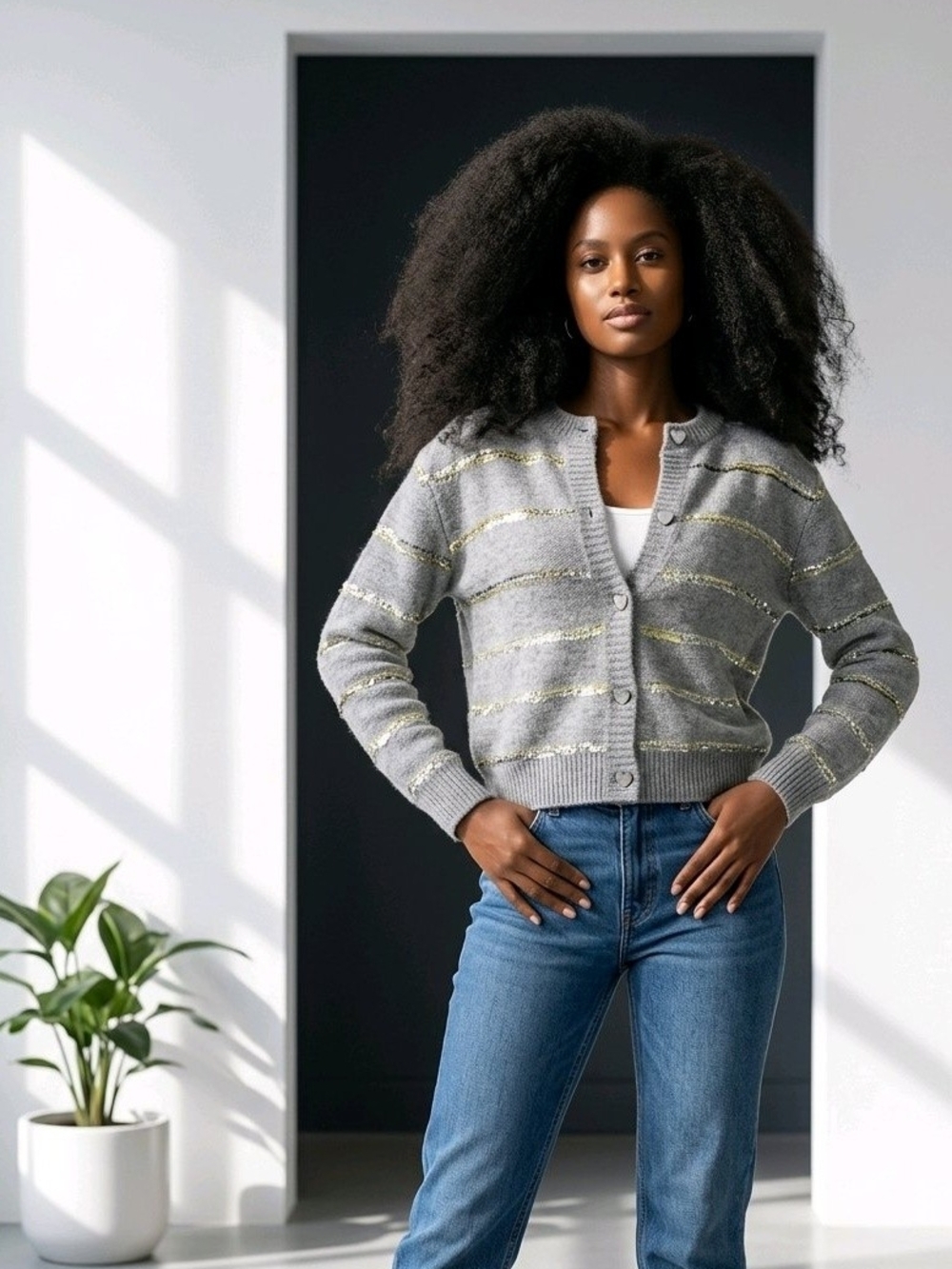 Source Unknown Gray Cardigan Sweater with Subtle Gold Thread